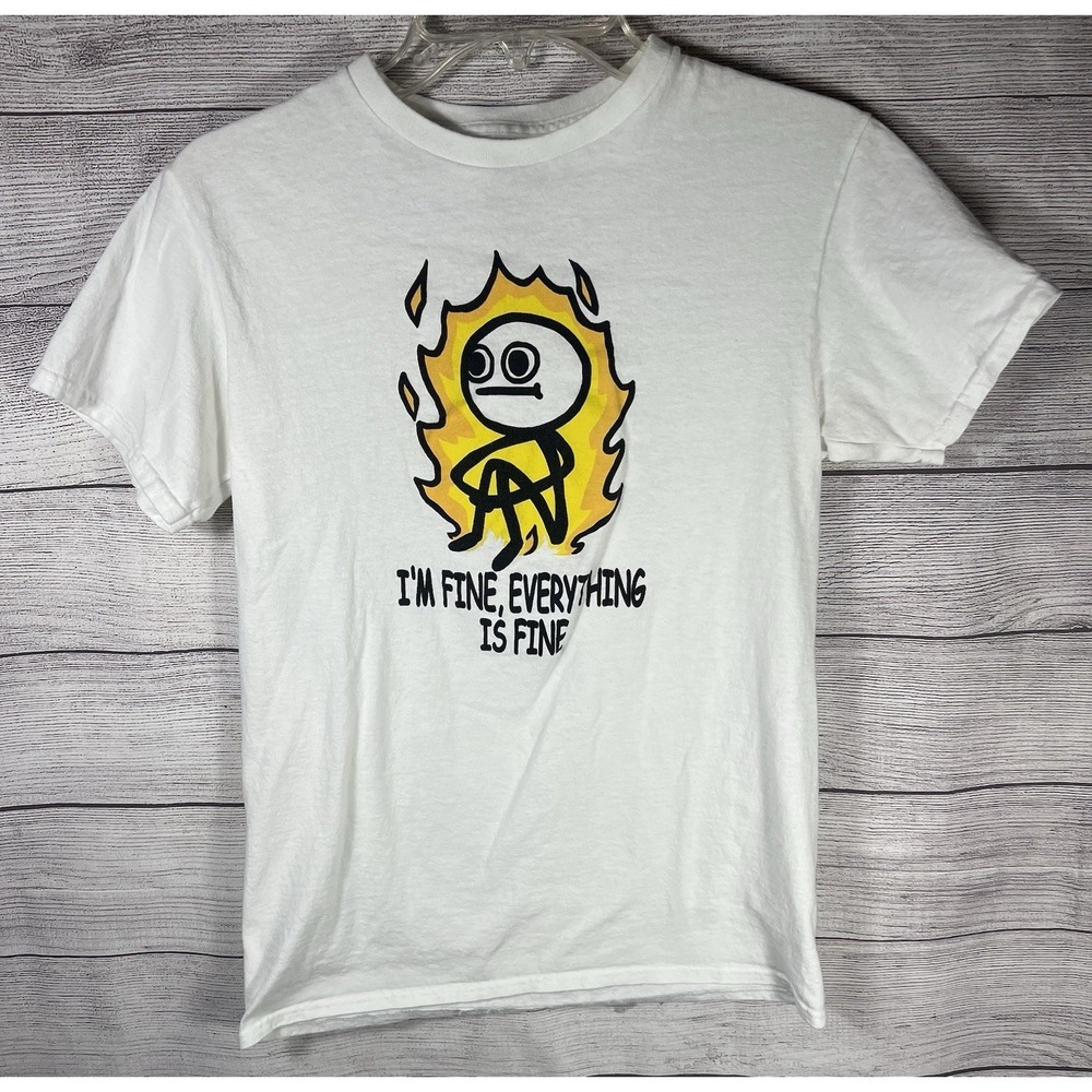 D/OM Men's Graphic T Shirt Small "I'm Fine‎ Everything Is Fine" Flame Meme Tee